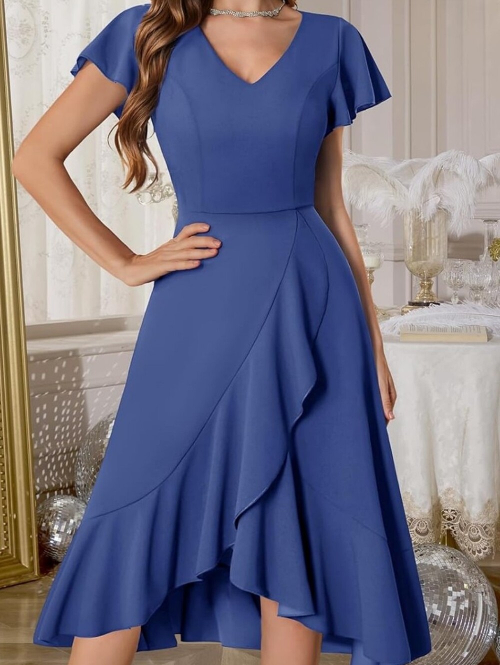DRESSTELLS cocktail Dress high-low ruffled hem and V-neckline Size XL Blue